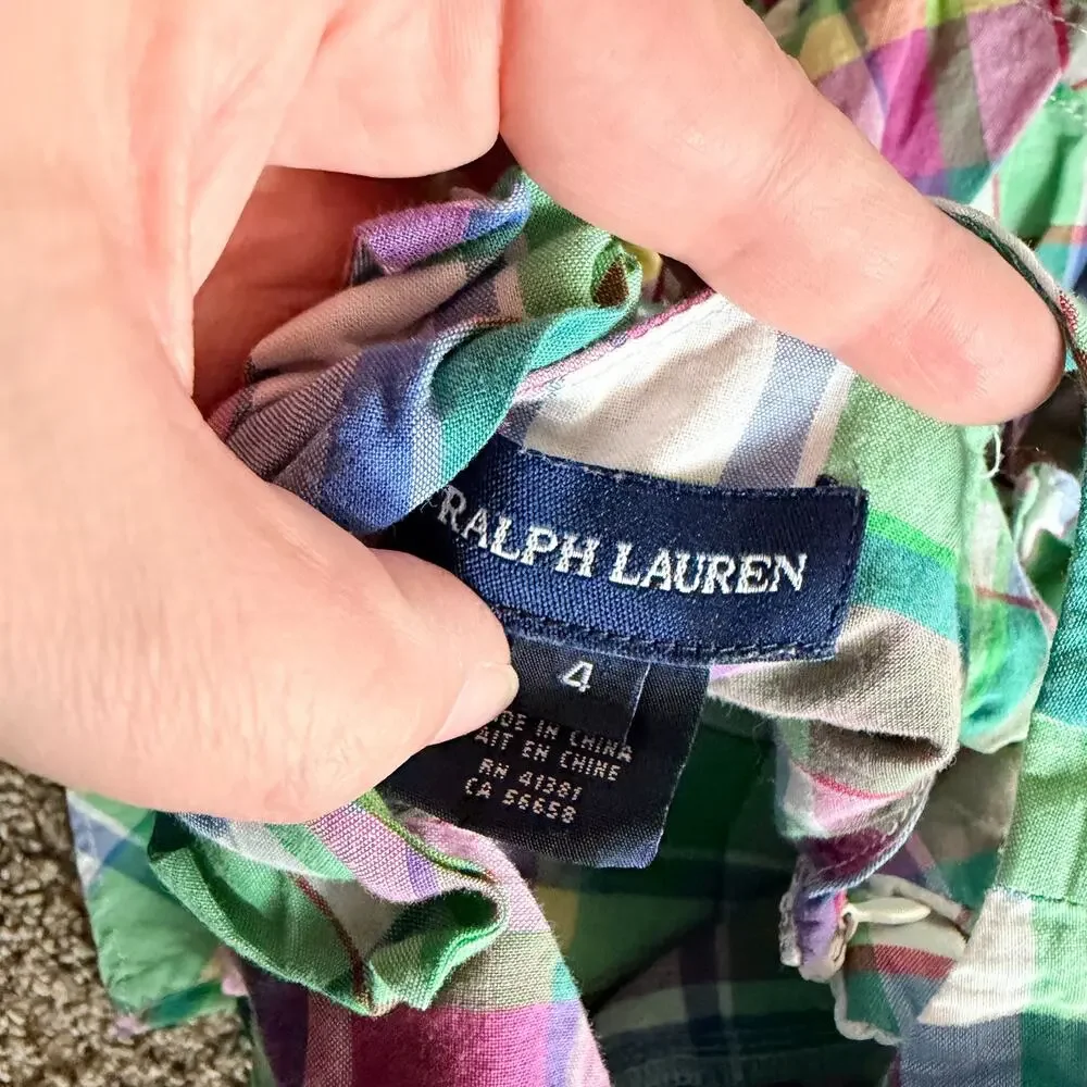Ralph Lauren Girls Plaid Summer Ruffle Dress Size 4 Purple Blue Green
